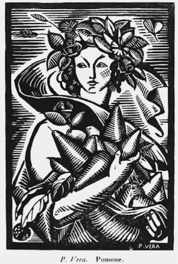 Dessin en noir et blanc représentant la déesse Pomone