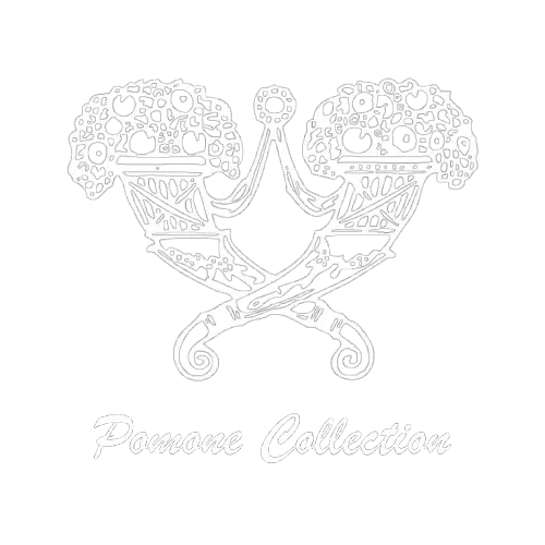 cornes d'abondance blanches imbriquées l'une avec l'autre avec nom Pomone Collection